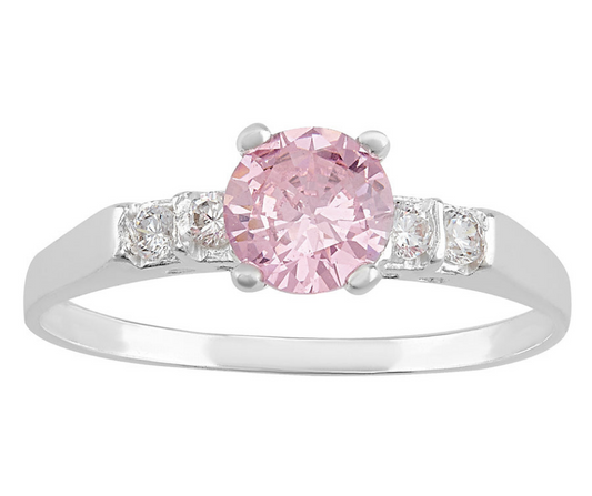 Anillo Solitario Zirconia Rosa Plata .925